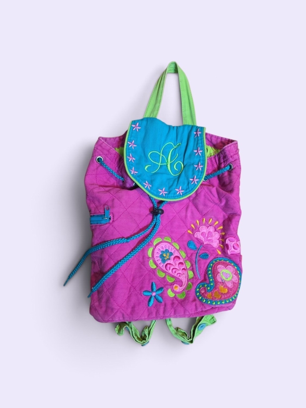 Kids Custom Initial "A" Pink & Blue Quilted Backpack with Embroidered Paisley